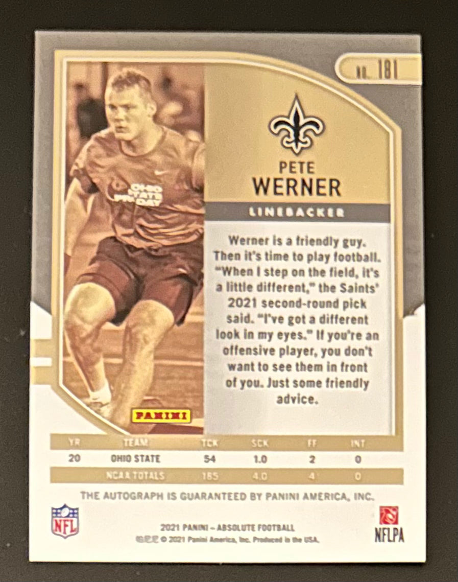 2021 Panini Absolute Pete Werner Auto RC Rookie #187 - MINT- NO Saints