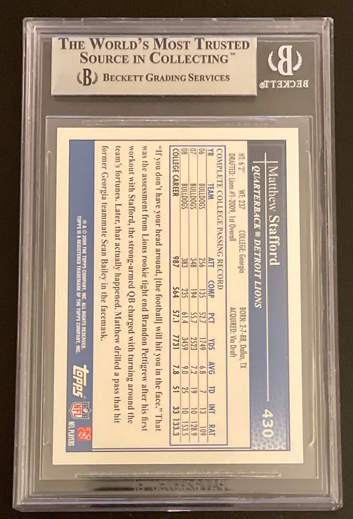 2008 Topps Matthew Stafford RC Rookie #430 BGS 8.5 NN-MT+