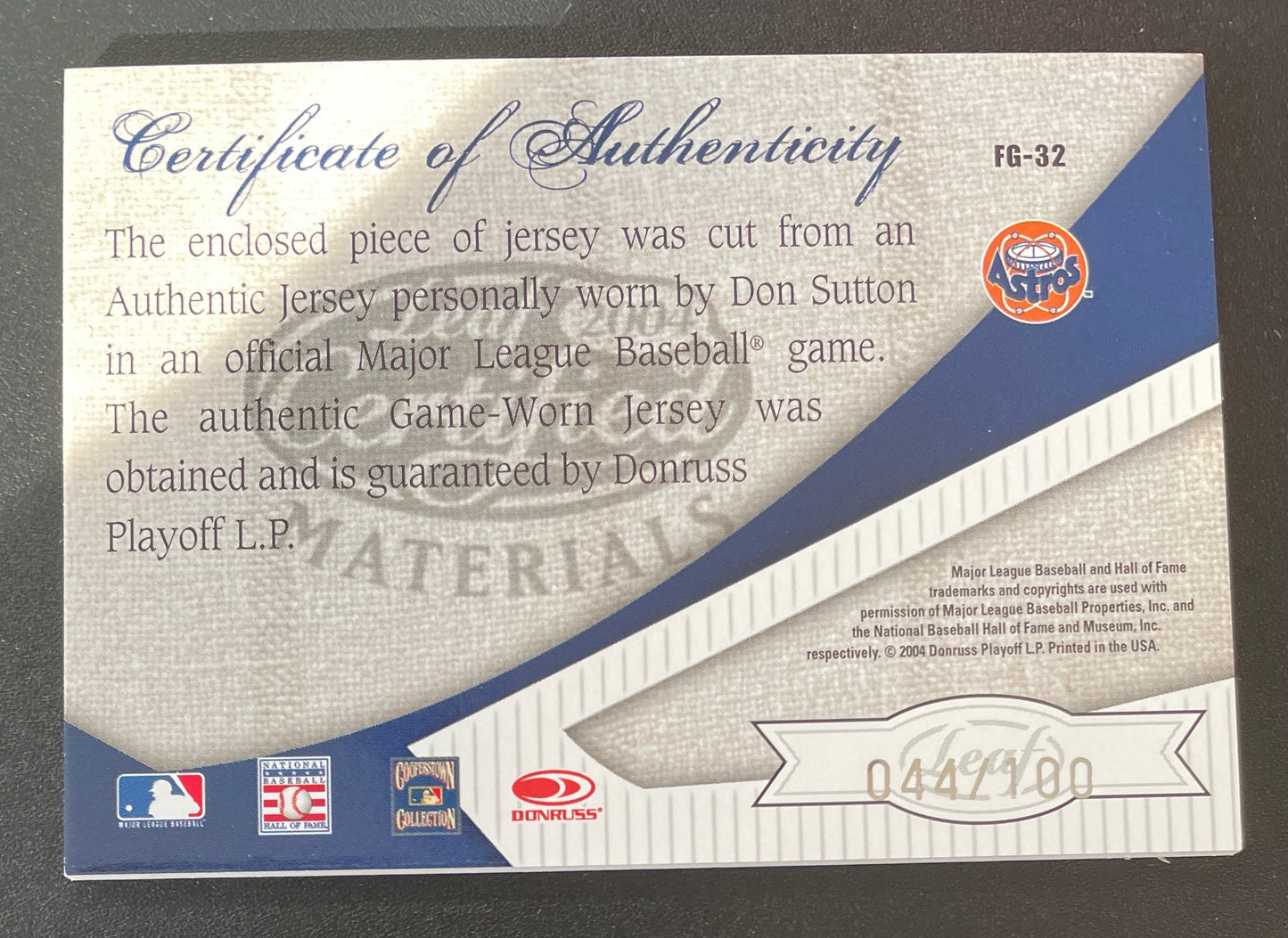 2004 Certified # FG-22 Don Sutton Fabric of the Game Patch /100 - NM-MINT