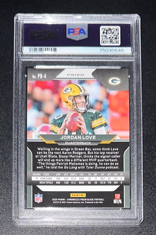2020 Panini Chronicles Prizm Jordan Love Black-Silver Silver Ink On-Card Auto RC Rookie #PB4 PSA / DNA
