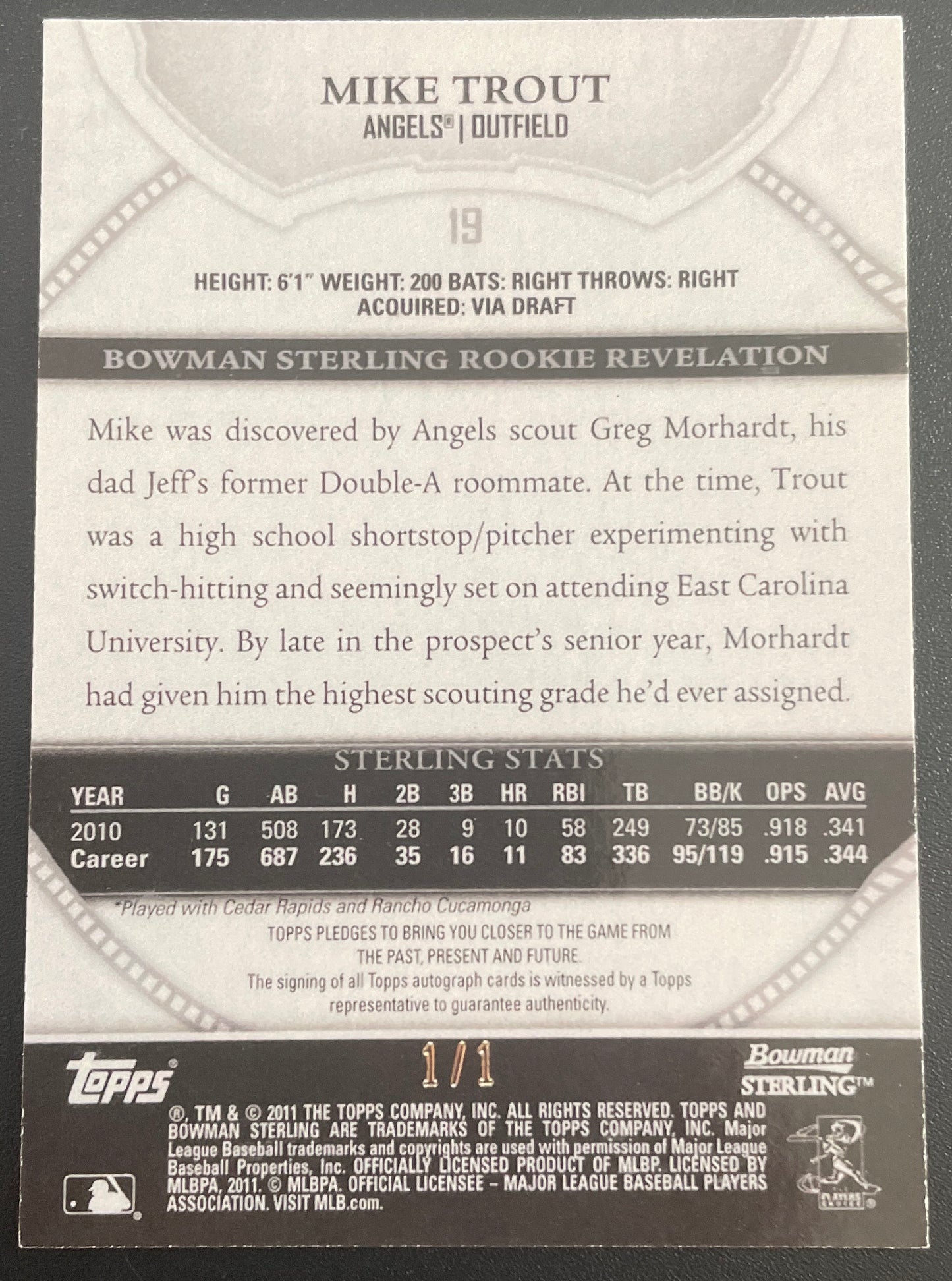 2011 Bowman Sterling Mike Trout REPRINT Red Parallel RC Rookie # 19 - GREAT FOR DISPLAY!!