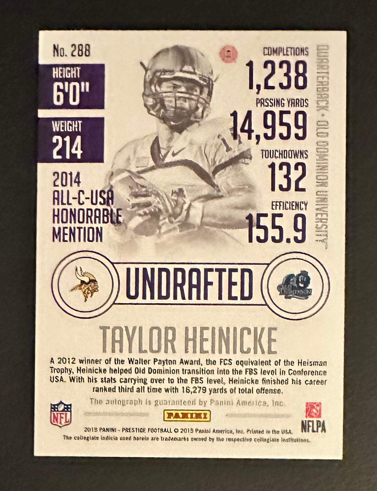 2015 Panini Prestige Taylor Heinicke Auto RC Rookie #288 - MINT
