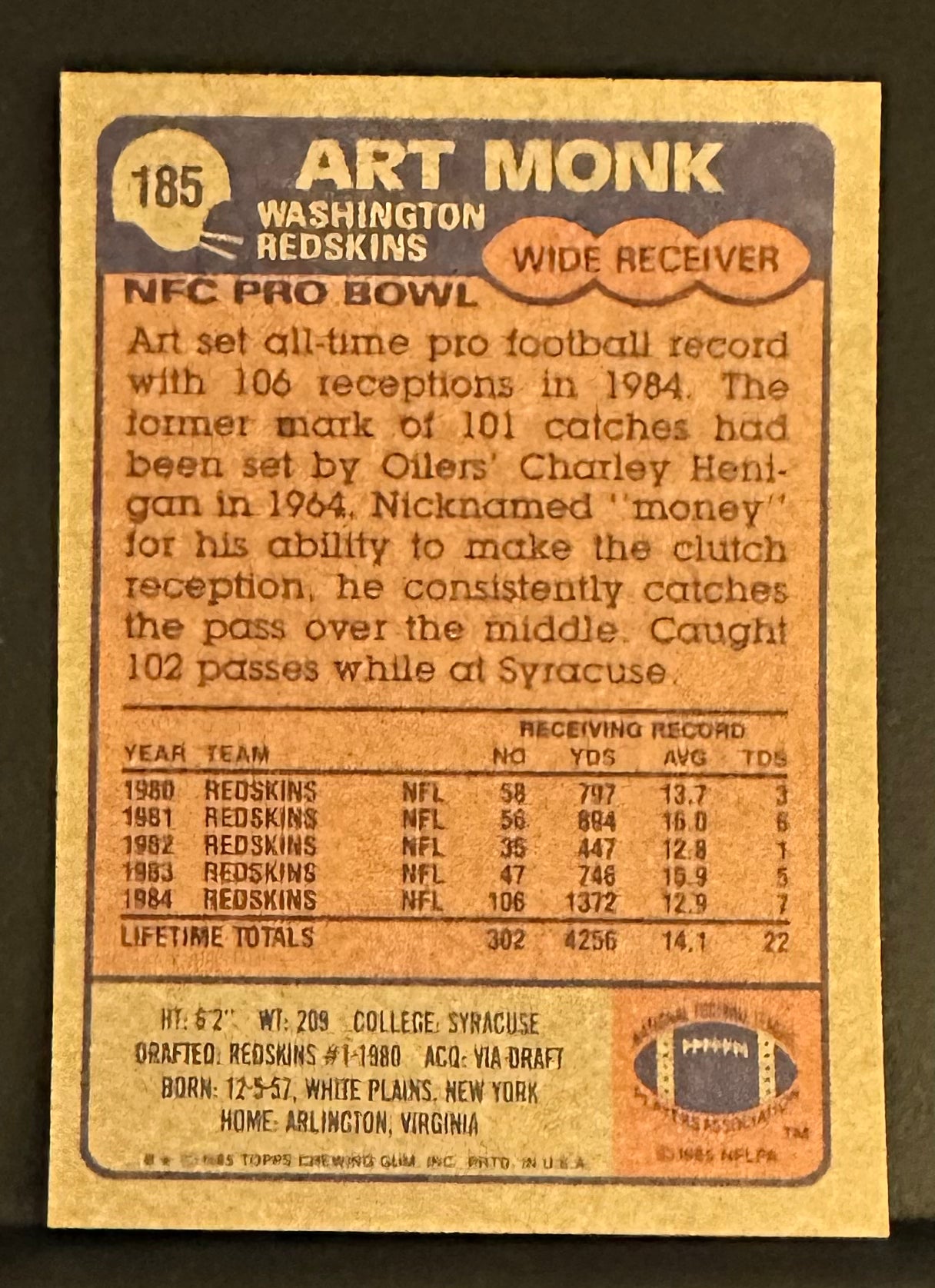 1985 Topps Set-Break # 185 Art Monk - NM-MT