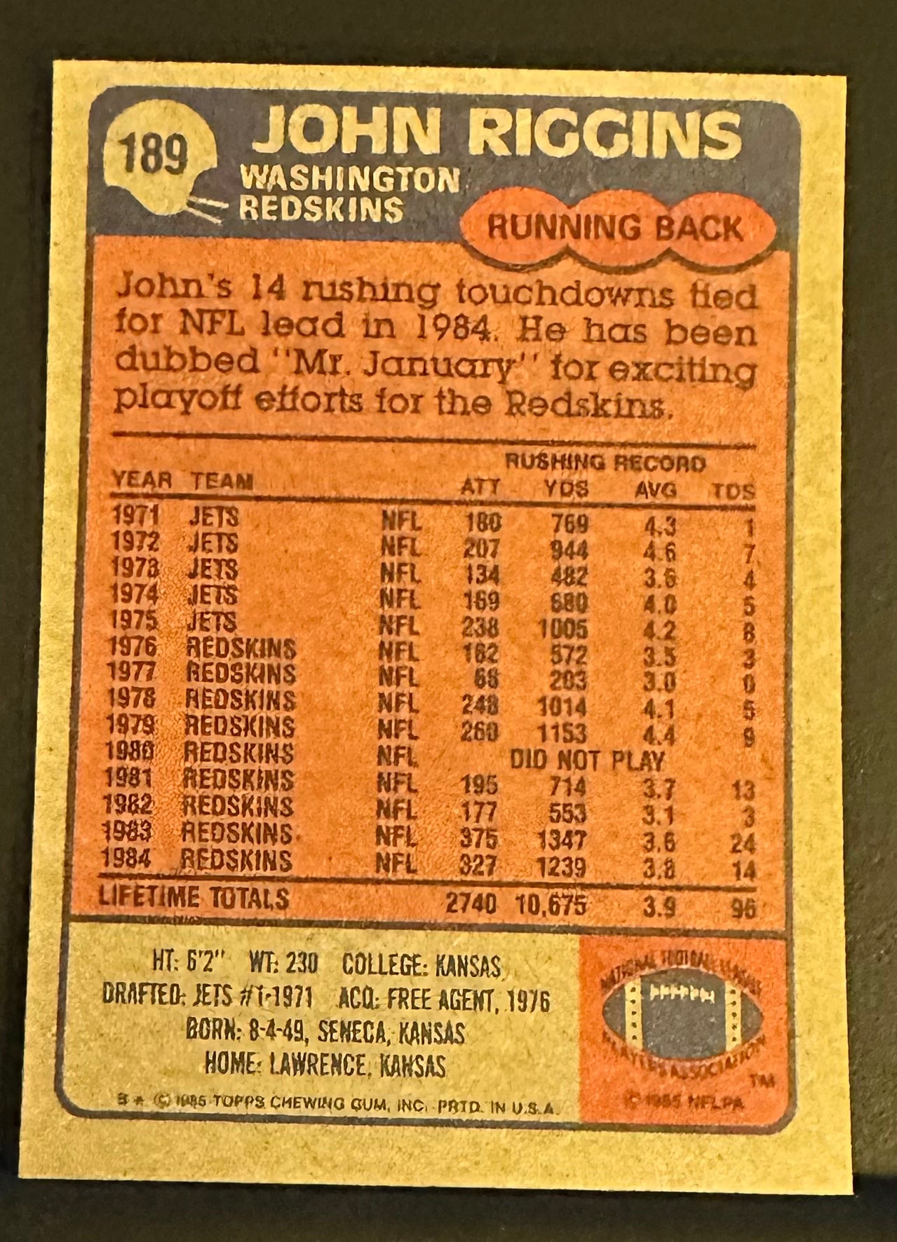 1985 Topps Set-Break # 189 John Riggins - NM-MT