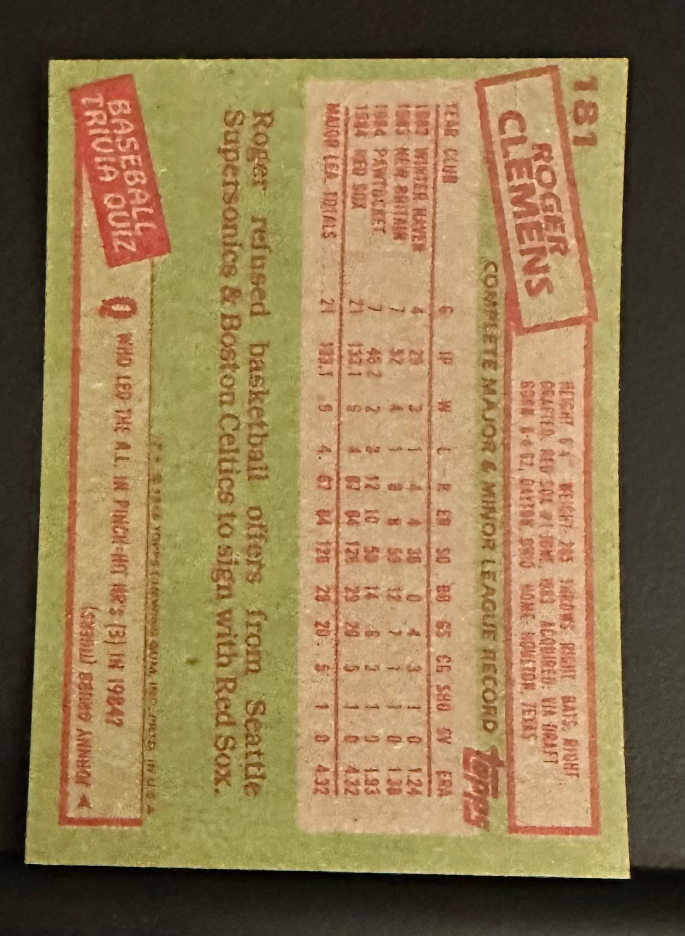 1985 Topps Set-Break #181 Roger Clemens RC NM-MT OR BETTER