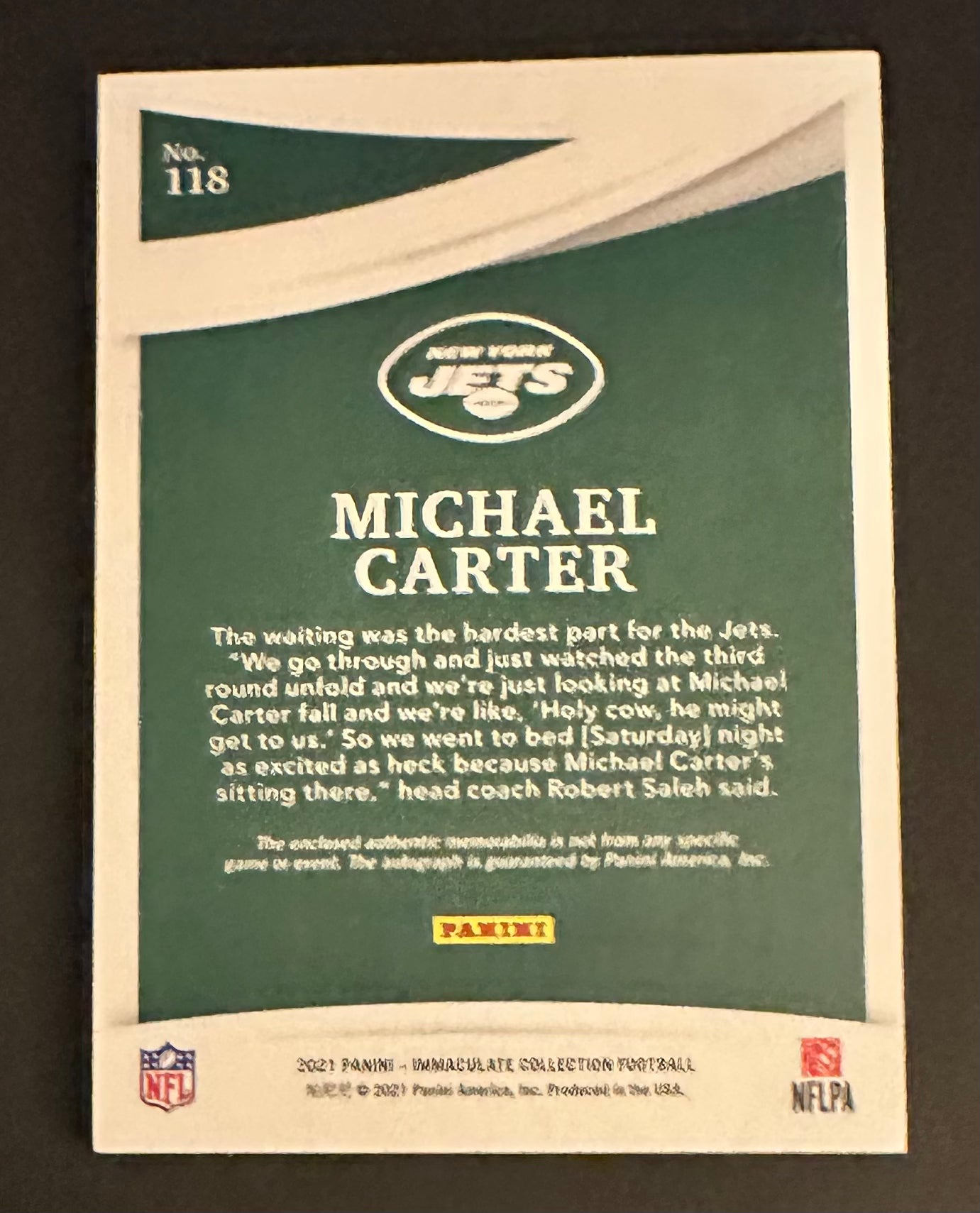 2021 Panini Immaculate Michael Carter Rookie Patch Auto /18 RC #118