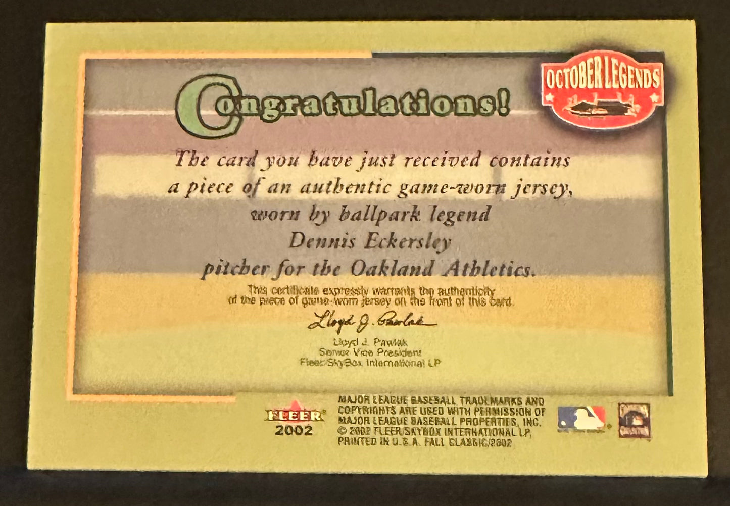 2002 Fleer Fall Classics Dennis Eckersley October Legends Game-Worn Jersey # DEEC - NM-MT