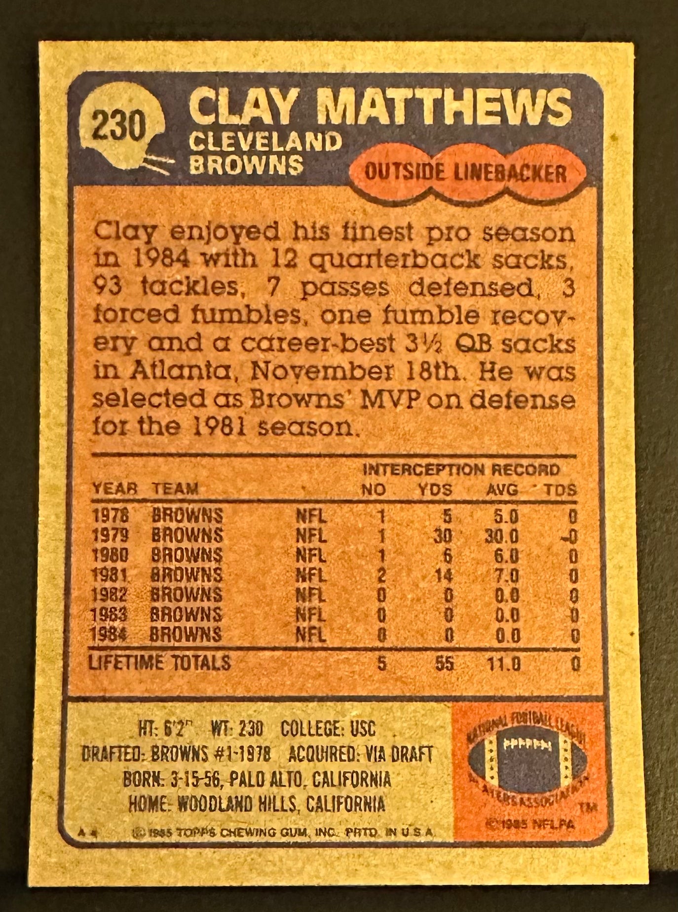 1985 Topps Set-Break # 230 Clay Matthews - NM-MT