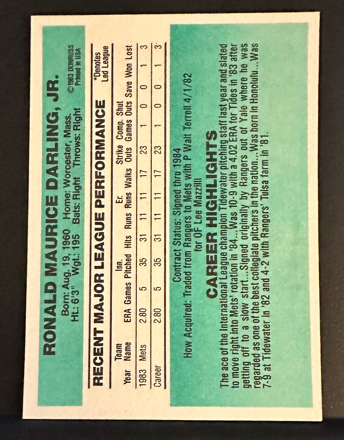 1984 Donruss Set-Break Ron Darling Error No Number NR-MINT