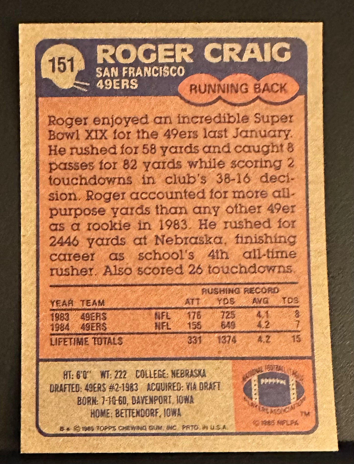 1985 Topps Set-Break # 151 Roger Craig - NM-MINT