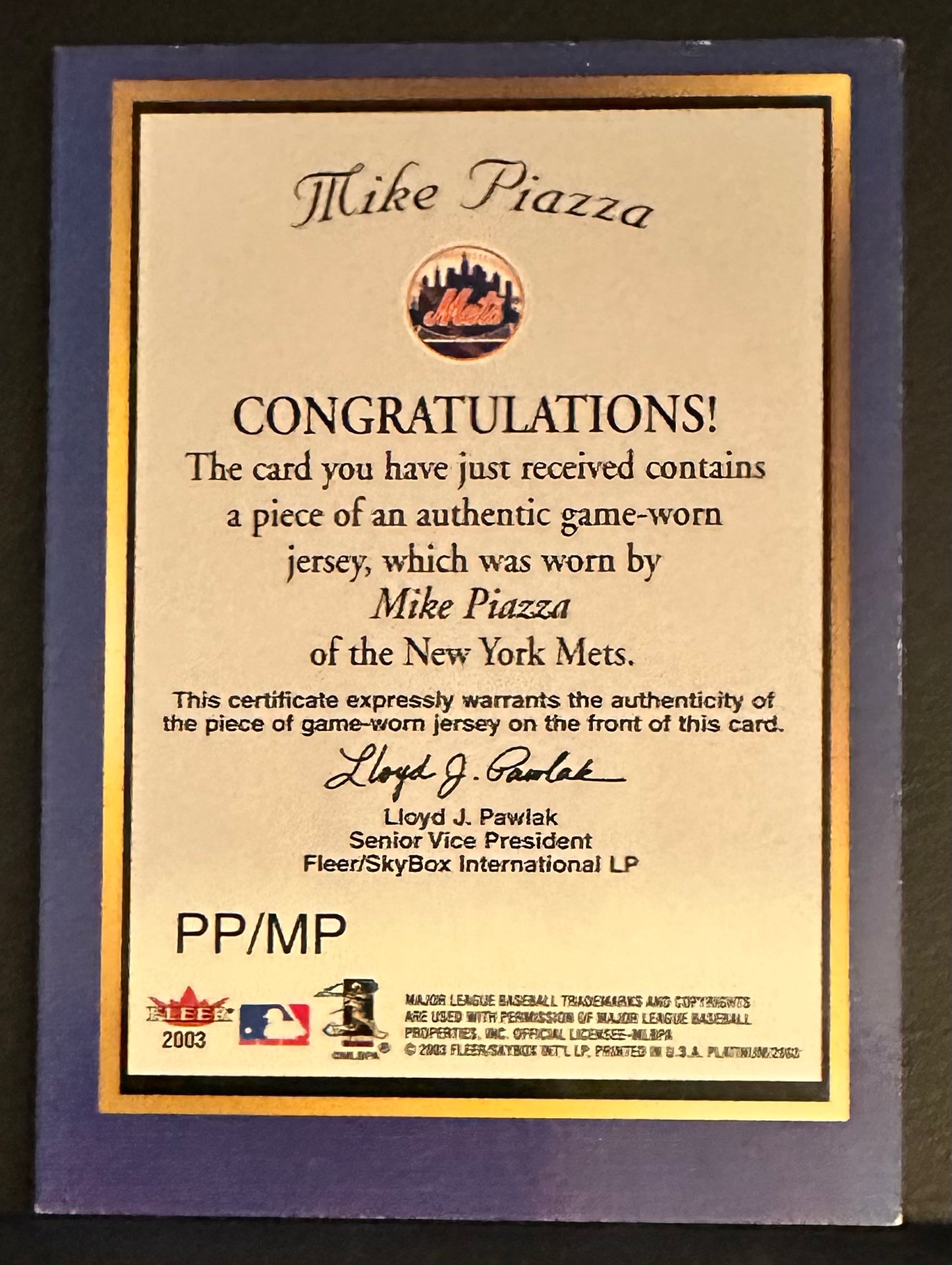 2003 Fleer Platinum Mike Piazza Portraits Game Worn Jersey # PP/MP
