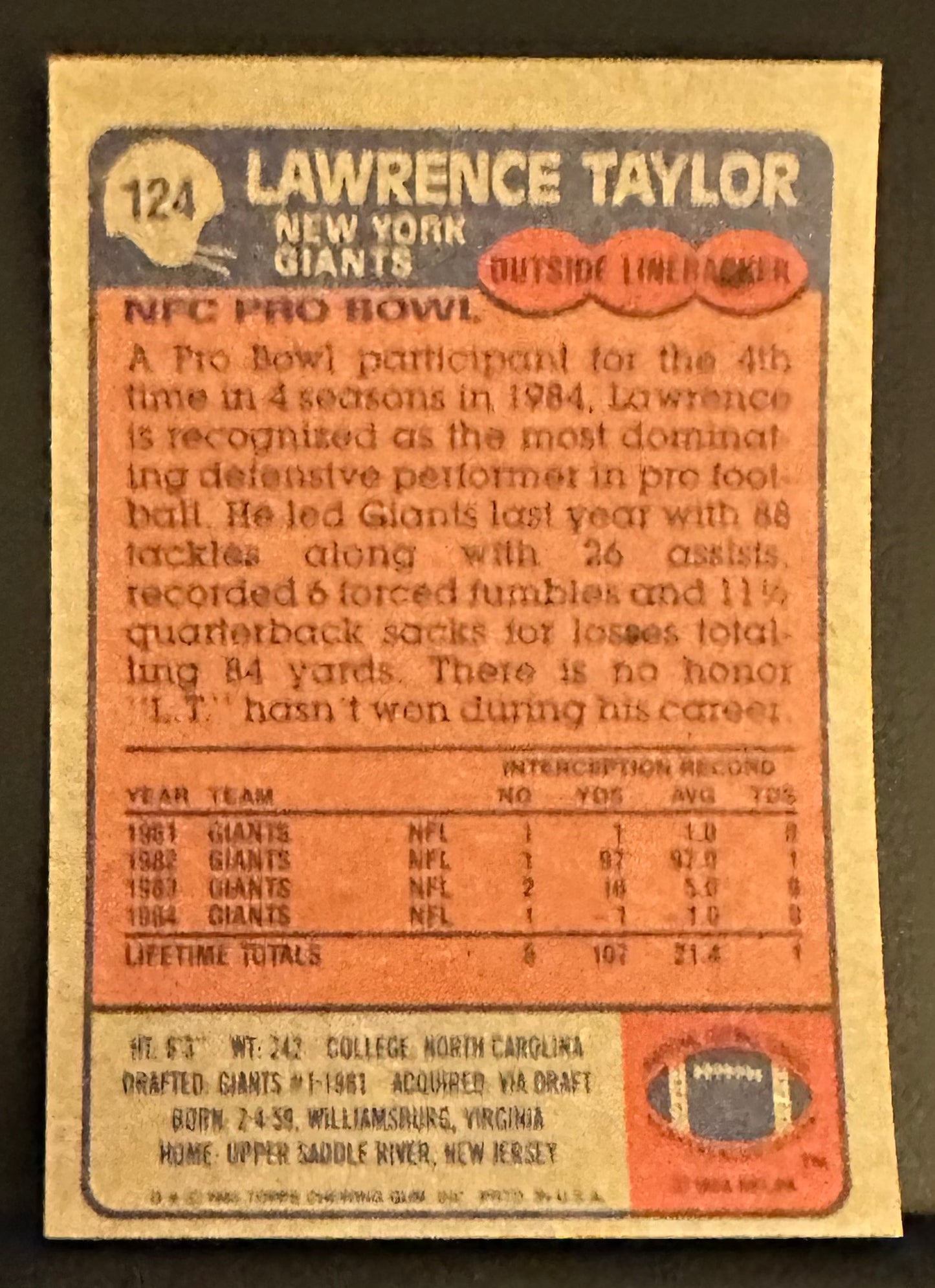 1985 Topps Set-Break # 124 Lawrence Taylor - NM-MINT