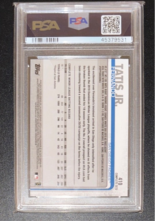 2019 Topps Complete Set #410 Fernando Tatis Jr. White Jersey RC PSA 10 GEM MINT