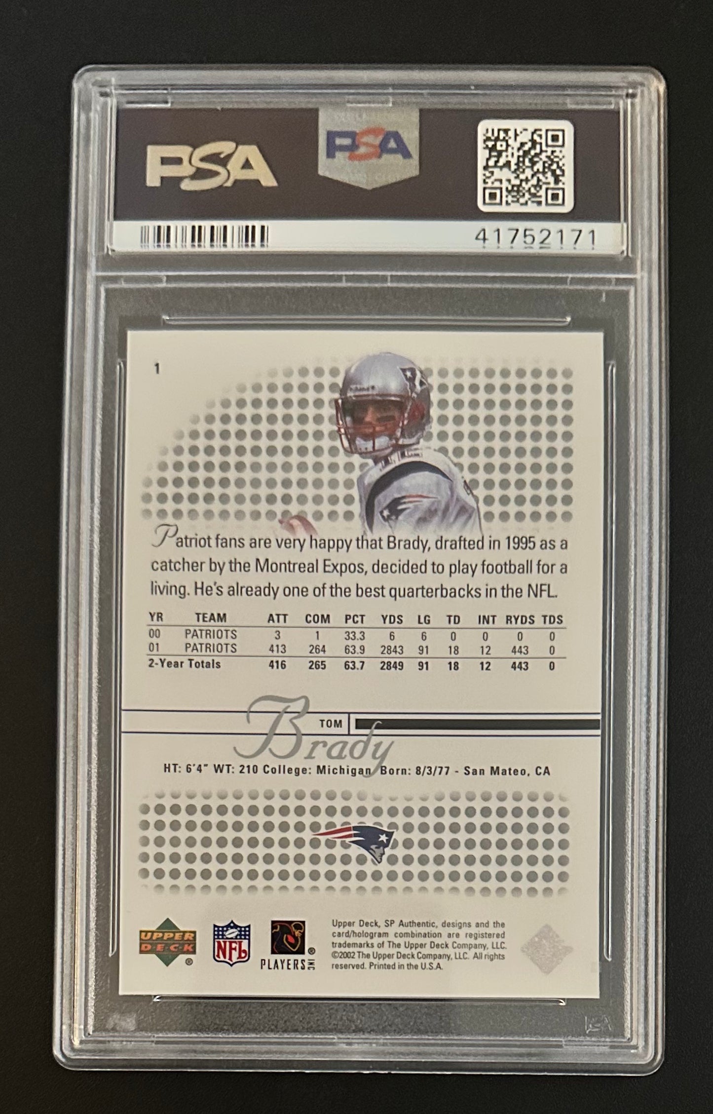 2002 SP AUTHENTIC TOM BRADY #1 PSA 10 GEM MINT