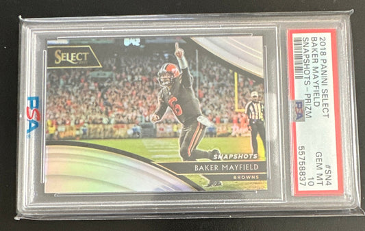 2018 Panini Select Baker Mayfield Snapshots Silver Prizm #SN4 PSA 10 GEM MINT - POP 44