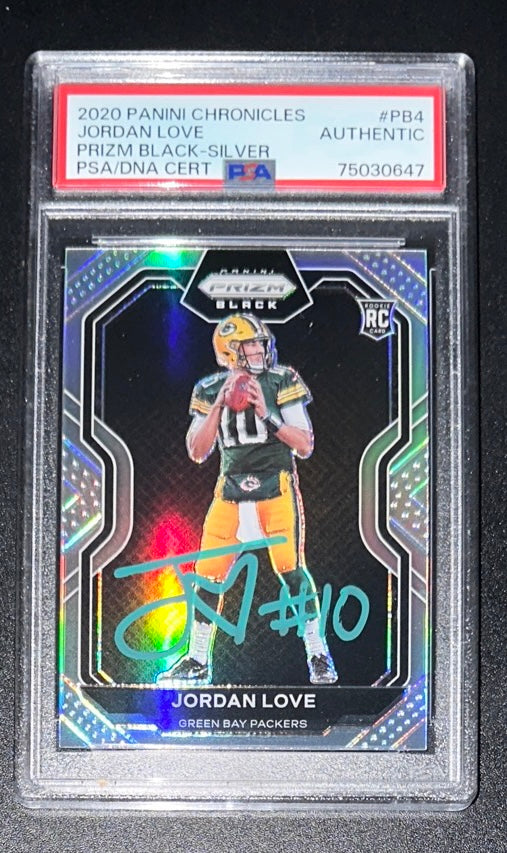 2020 Panini Chronicles Prizm Jordan Love Silver-Black Prizm Green Ink On-Card Auto RC Rookie #PB4 PSA / DNA