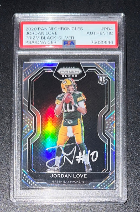 2020 Panini Chronicles Prizm Jordan Love Black-Silver Silver Ink On-Card Auto RC Rookie #PB4 PSA / DNA