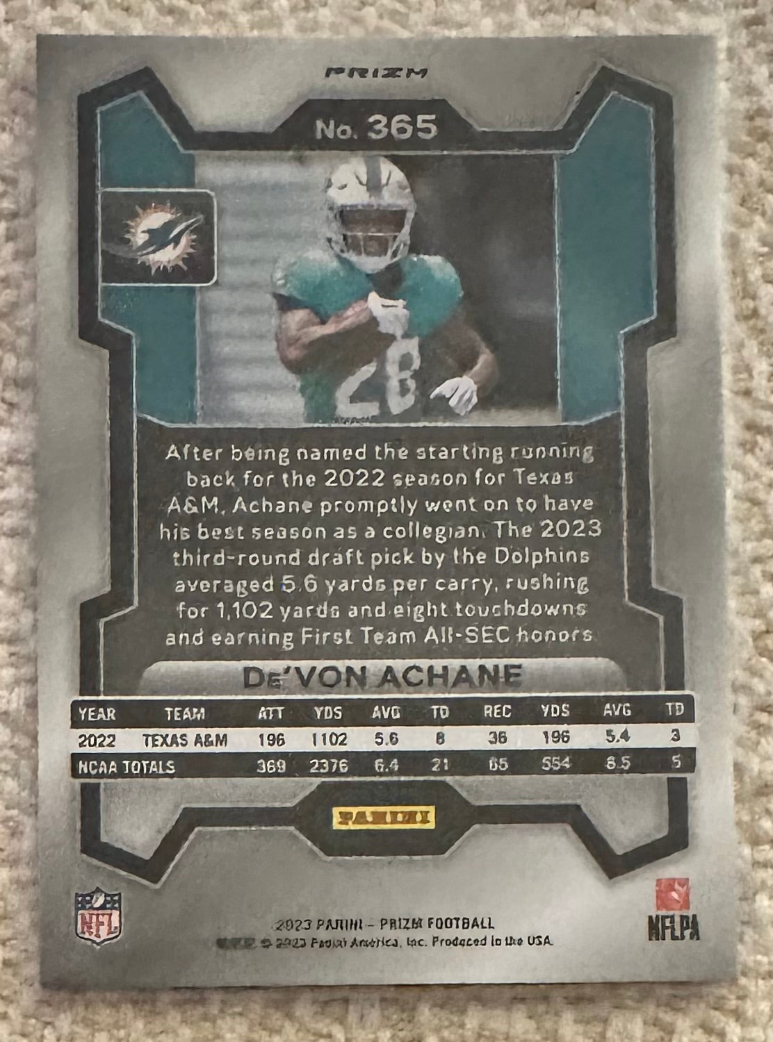 2023 Panini Prizm DeVon Achane Disco Prizm RC Rookie # 365 - DOLPHINS