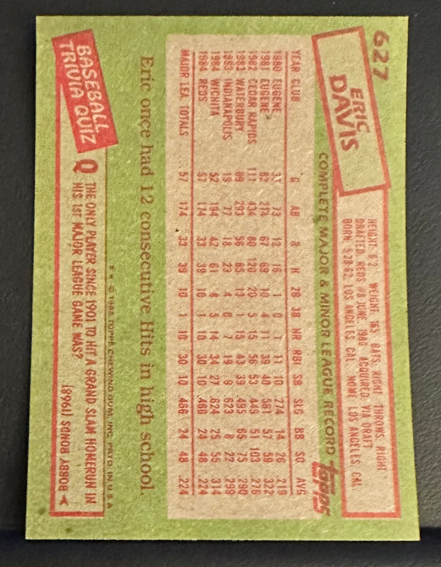 1985 Topps Set-Break #627 Eric Davis RC NM-MT OR BETTER