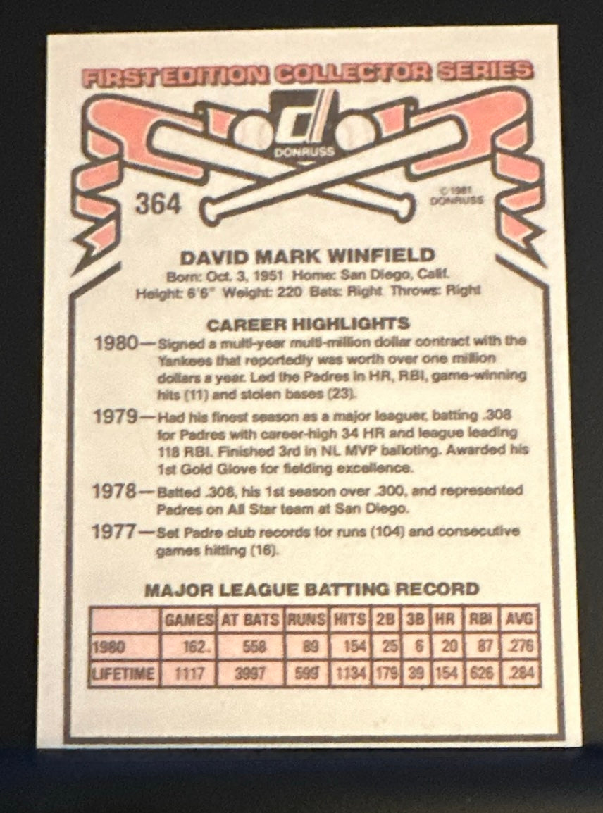 1981 Donruss Set-Break #364 Dave Winfield NM-MT OR BETTER