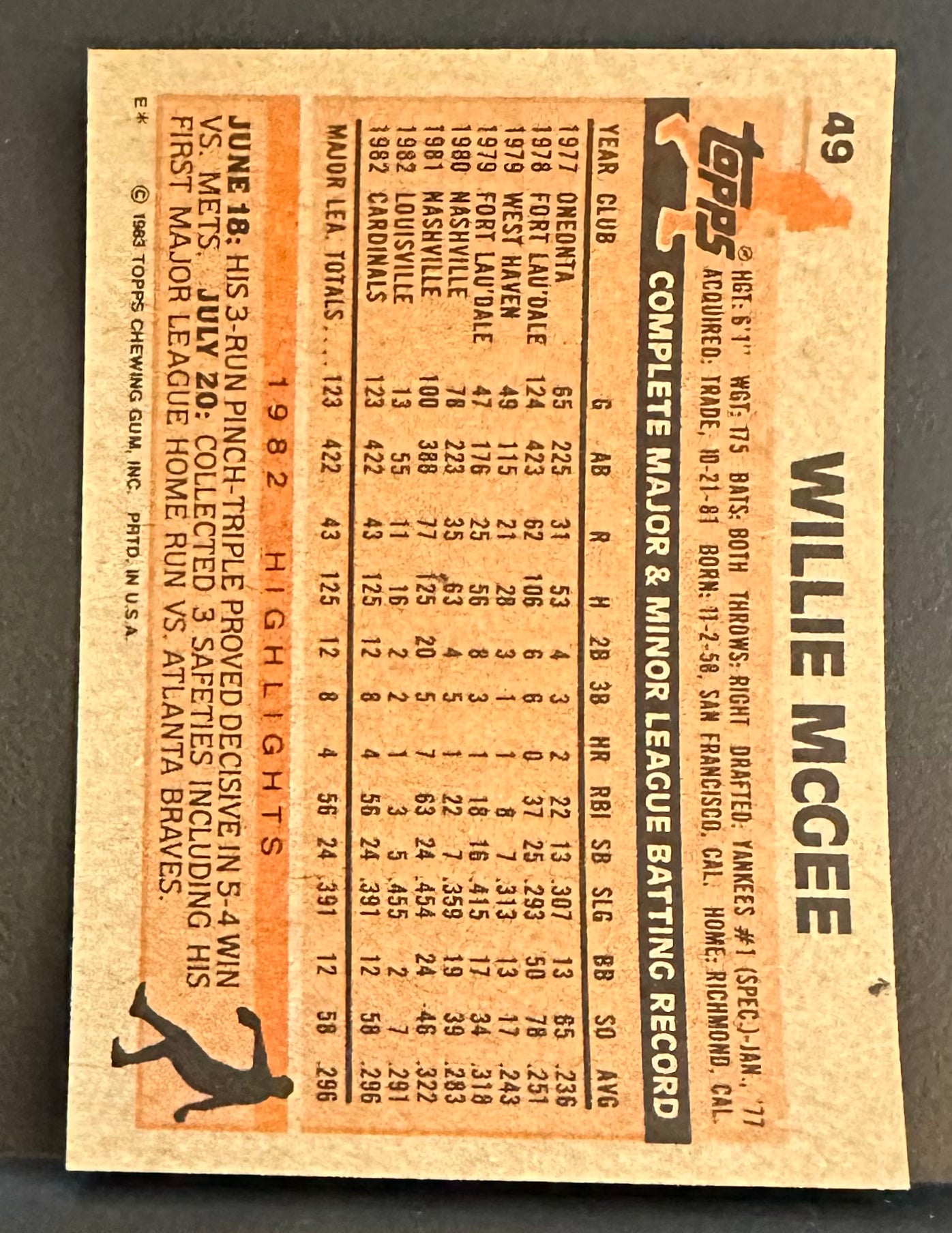 1983 Topps Set-Break # 49 Willie McGee NM-MT OR BETTER