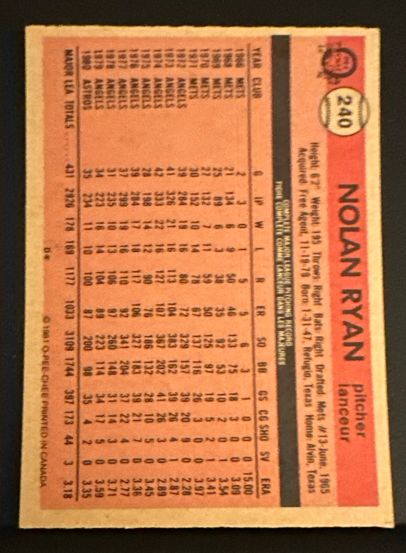 1981 Topps O-Pee-Chee Set-Break #240 Nolan Ryan NM-MT OR BETTER