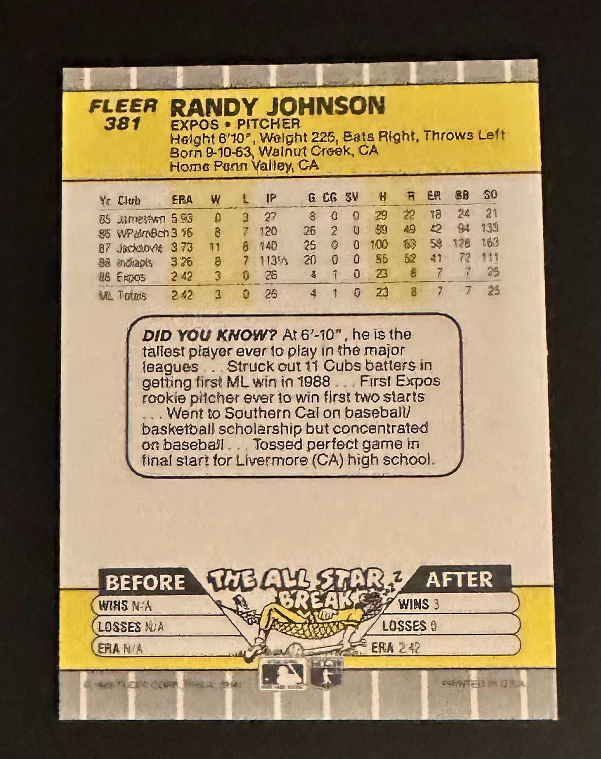 1989 Fleer Randy Johnson RC #381 - MINT