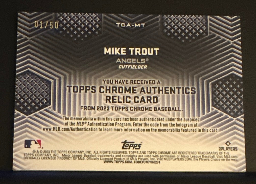 2023 Topps Chrome Baseball Mike Trout Game Used Jersey Relic #’d 1/50 Gold FOTL