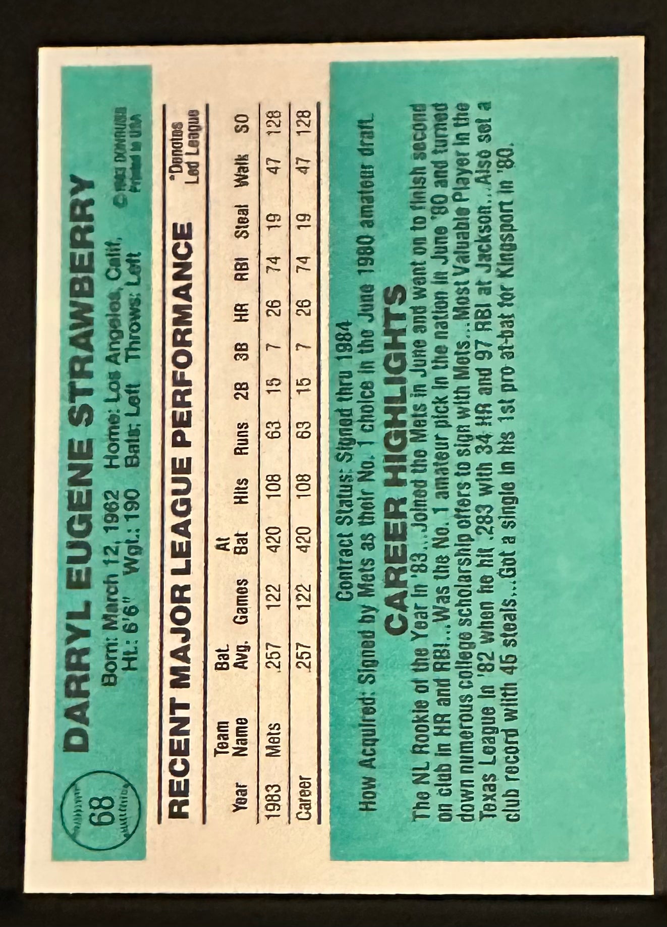 1984 Donruss Set-Break # 68 Darryl Strawberry RC NM-MT OR BETTER