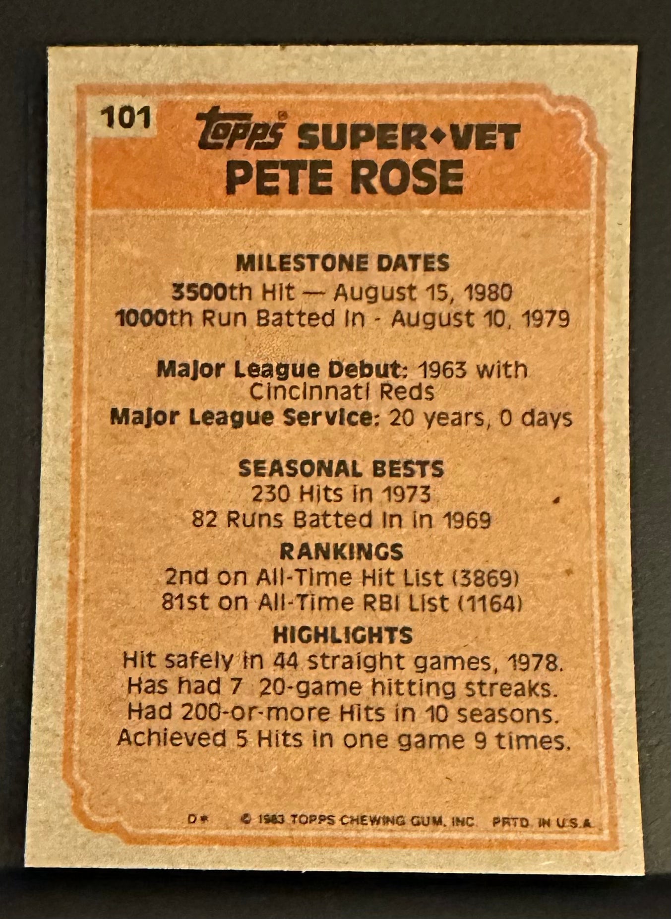 1983 Topps Set-Break #101 Pete Rose Sv NM-MT OR BETTER