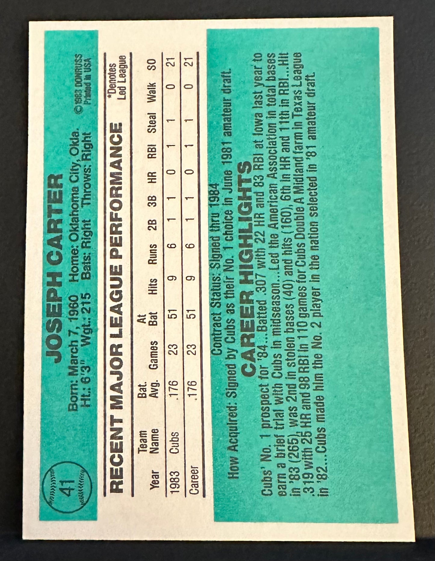 1984 Donruss Set-Break # 41 Joe Carter NM-MT OR BETTER