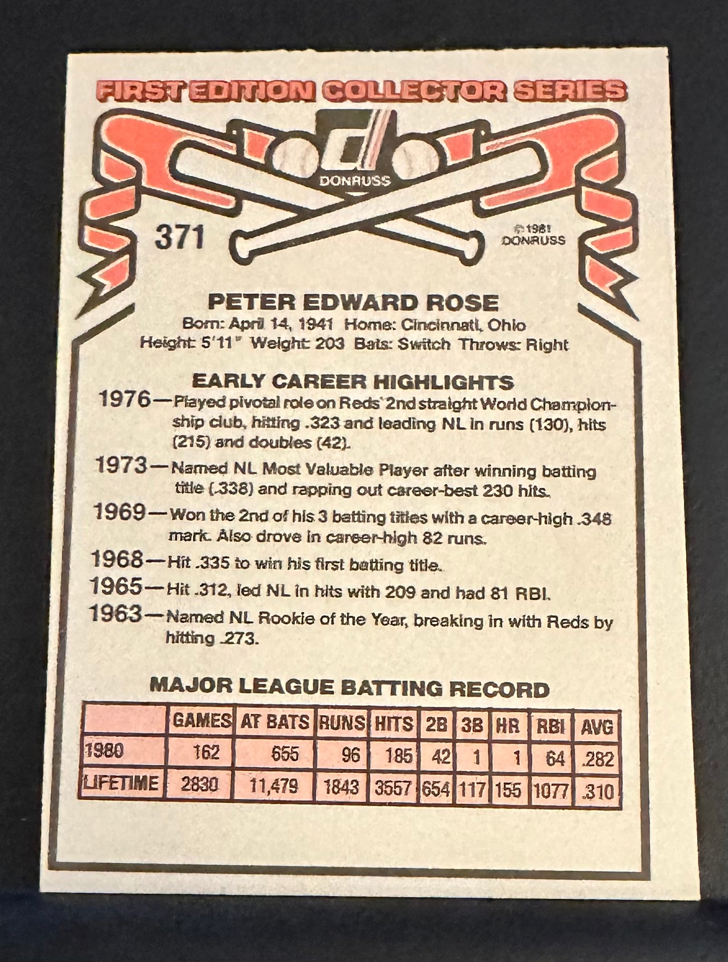 1981 Donruss Set-Break #371 Pete Rose NM-MT OR BETTER