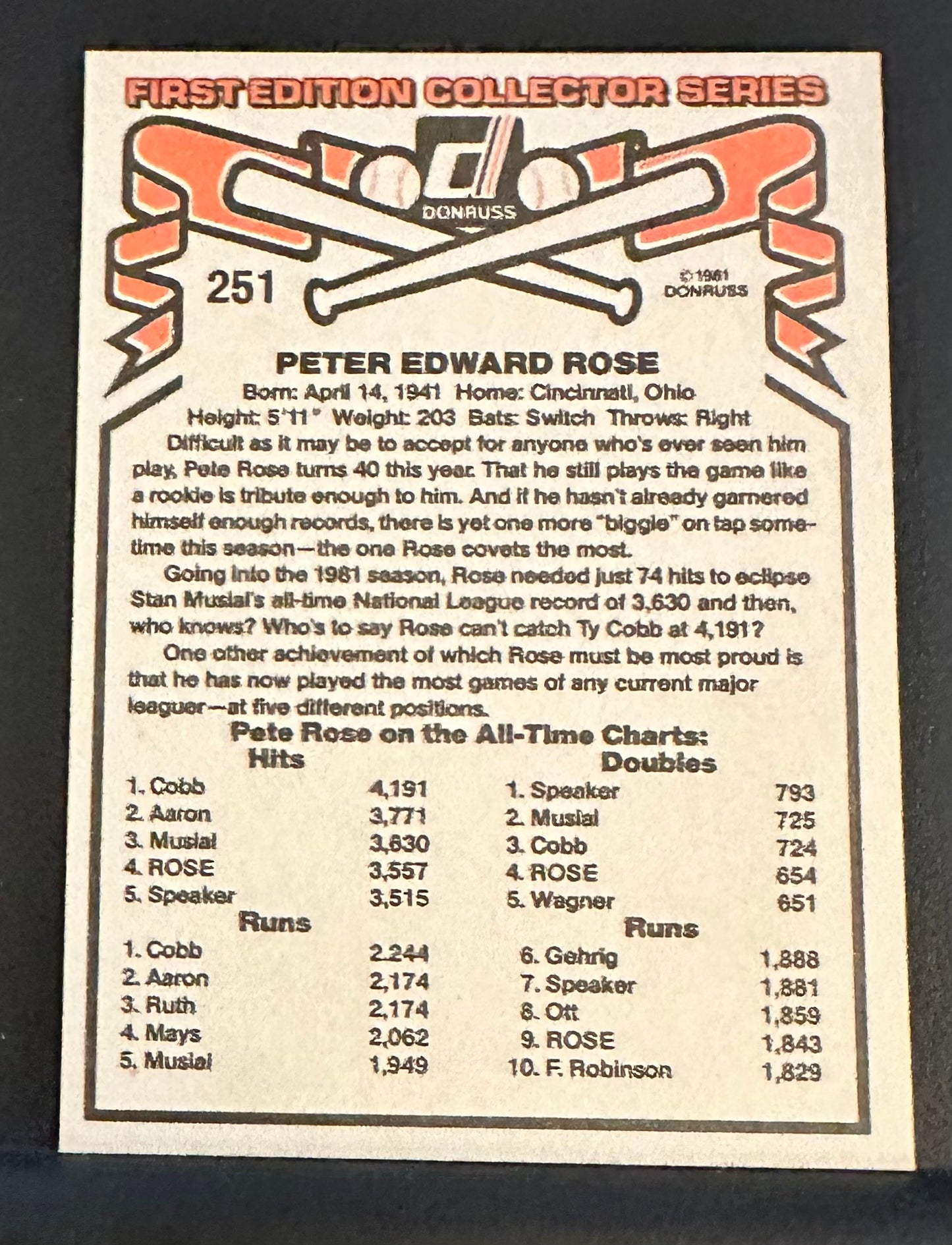 1981 Donruss Set-Break #131 Pete Rose NM-MT OR BETTER