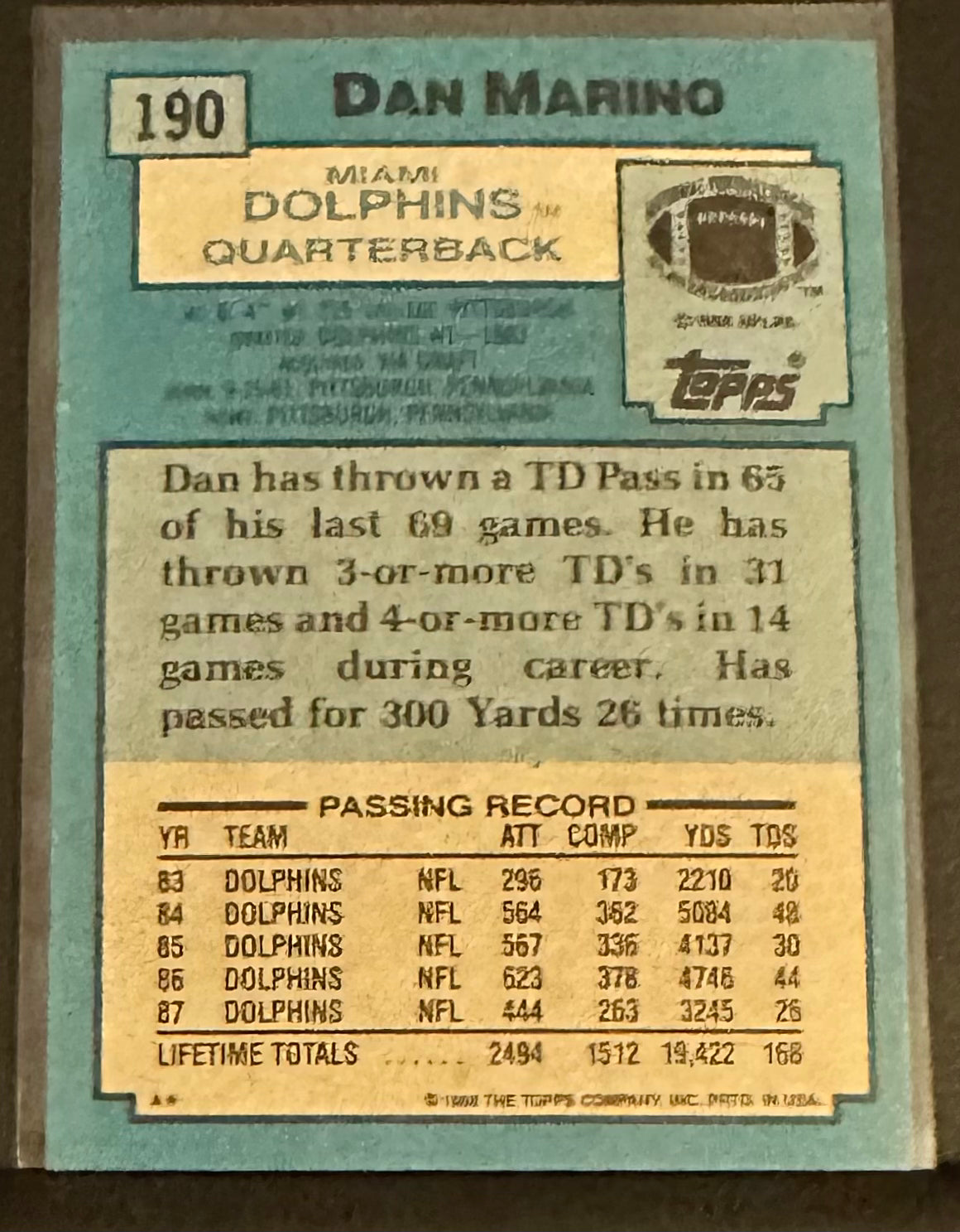 1988 Topps Dan Marino - 190 - MINT - Box Opened 12.30.23