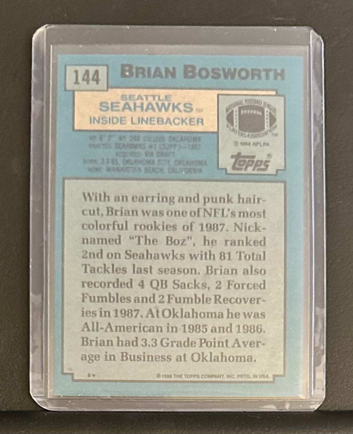 1988 Topps Brian Bosworth Super Rookie RC #144 - MINT - Box Opened 12.30.23