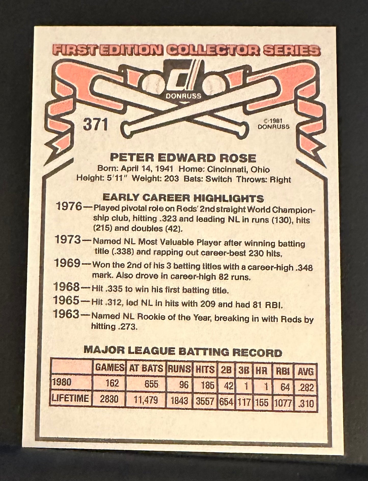 1981 Donruss Set-Break #371 Pete Rose NM-MT OR BETTER