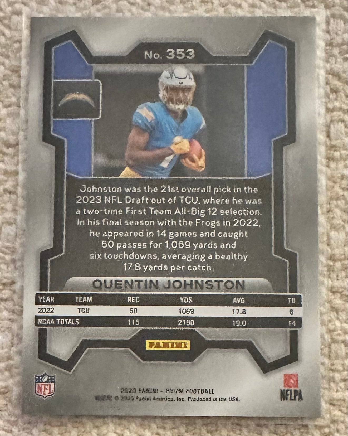 2023 Panini Prizm Quentin Johnson RC Rookie # 353 - LA CHARGERS