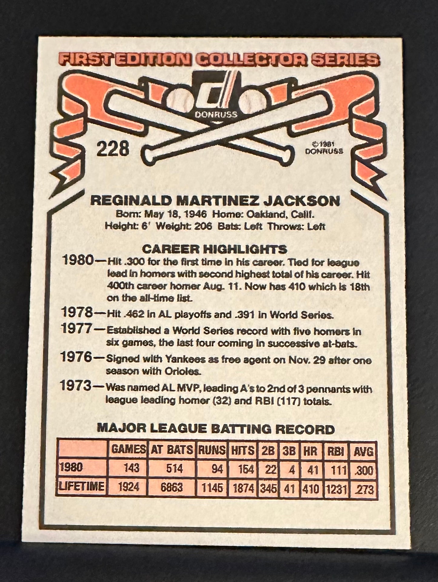 1981 Donruss Set-Break #228 Reggie Jackson NM-MT OR BETTER