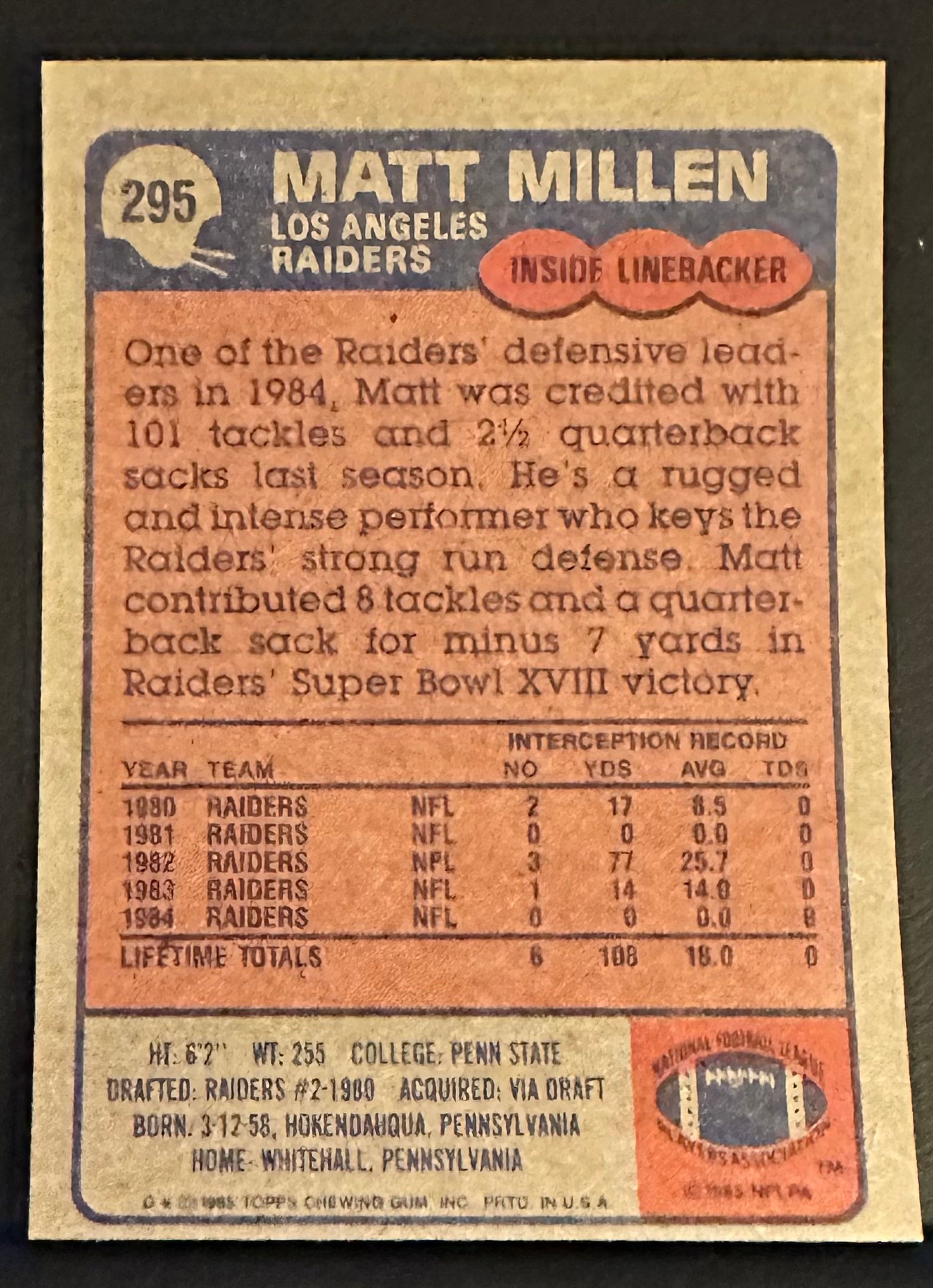 1985 Topps Set-Break # 295 Matt Millen - NM-MT