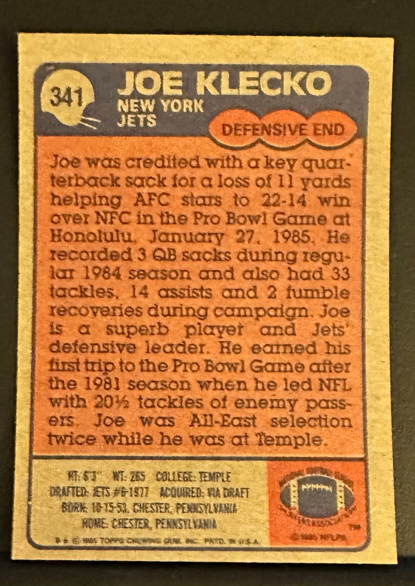 1985 Topps Set-Break # 341 Joe Klecko NM-MT