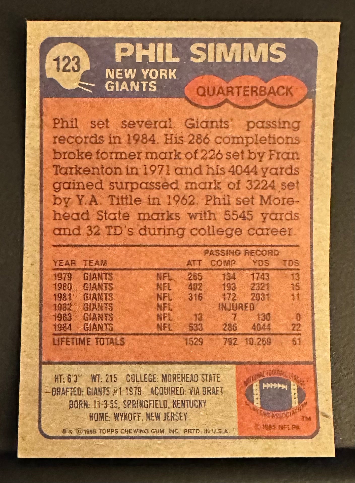 1985 Topps Set-Break # 123 Phil Simms - NM-MINT