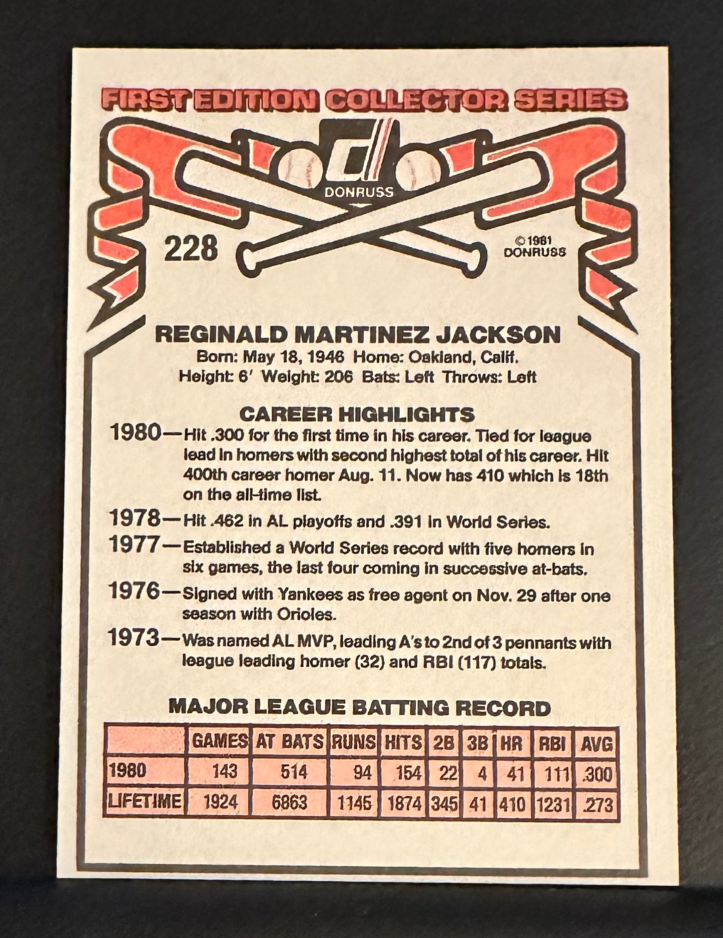 1981 Donruss Set-Break #228 Reggie Jackson NM-MT OR BETTER