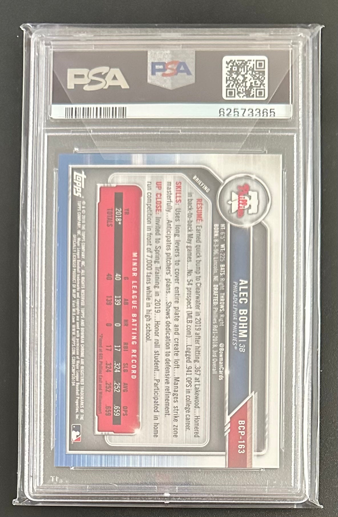 ALEC BOHM 2019 Bowman Chrome Prospects #BCP-163 PSA 10 GEM MINT