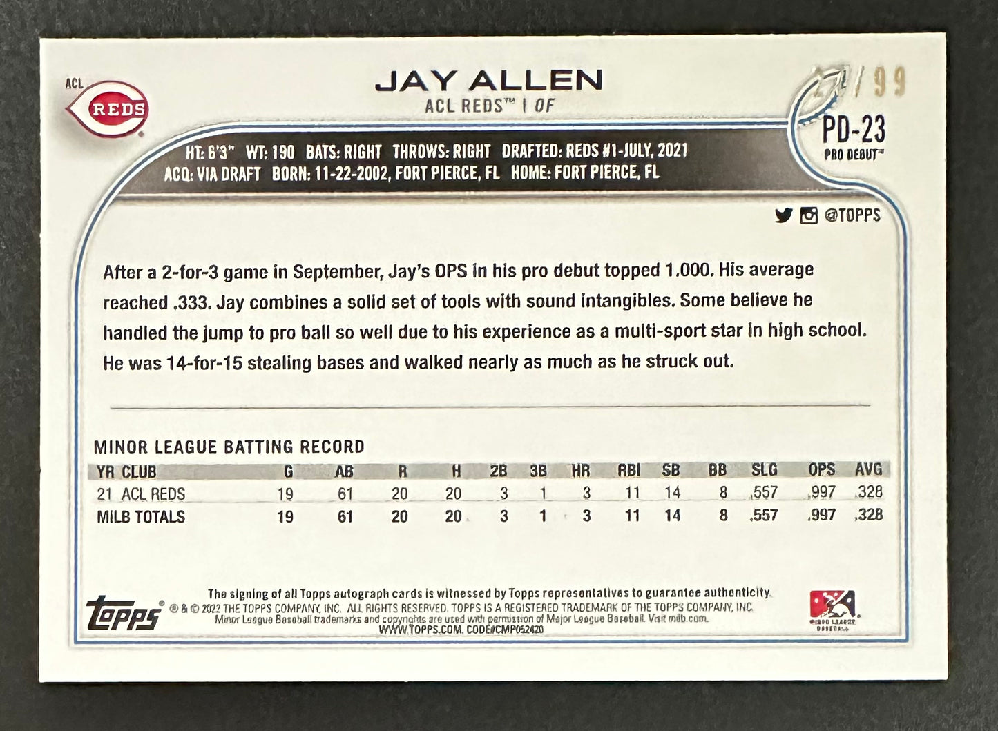 2022 Topps Pro Debut JAY ALLEN Green Auto /99 Rookie Card RC #PD-23